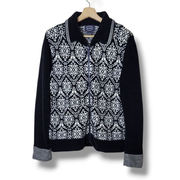 Vintage Chenille Cardigan Sweater L Fair Isle Full Zip Preppy Designers Original - Picture 1 of 7